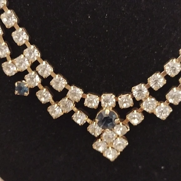 VINTAGE DARK BLUE CLEAR RHINESTONE CHOKER COLLAR BIB 15-18" NECKLACE - Picture 6 of 11